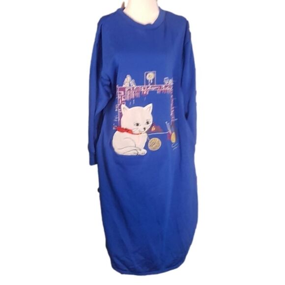 Fuzzy 80s Vintage Kitty Sweatshirt Nightie Dress Sweater Cozy Soft Blue Cats 90s - Picture 1 of 8